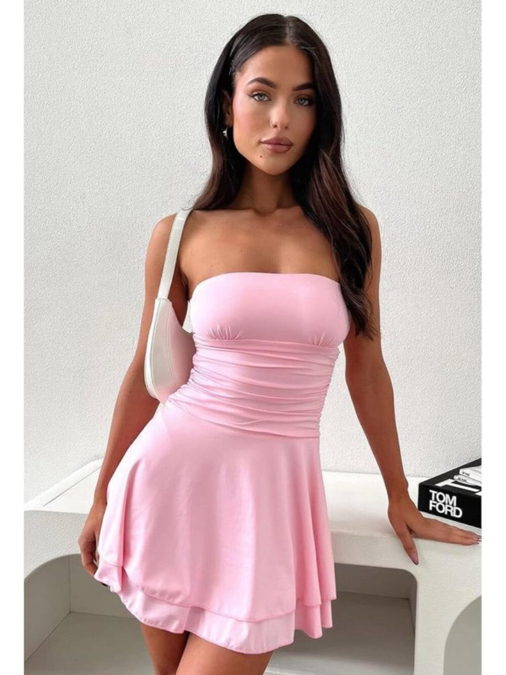Women’s Sexy Ruched Strapless Tube Layered Bodycon Party Mini Dress Size M - Picture 2 of 6